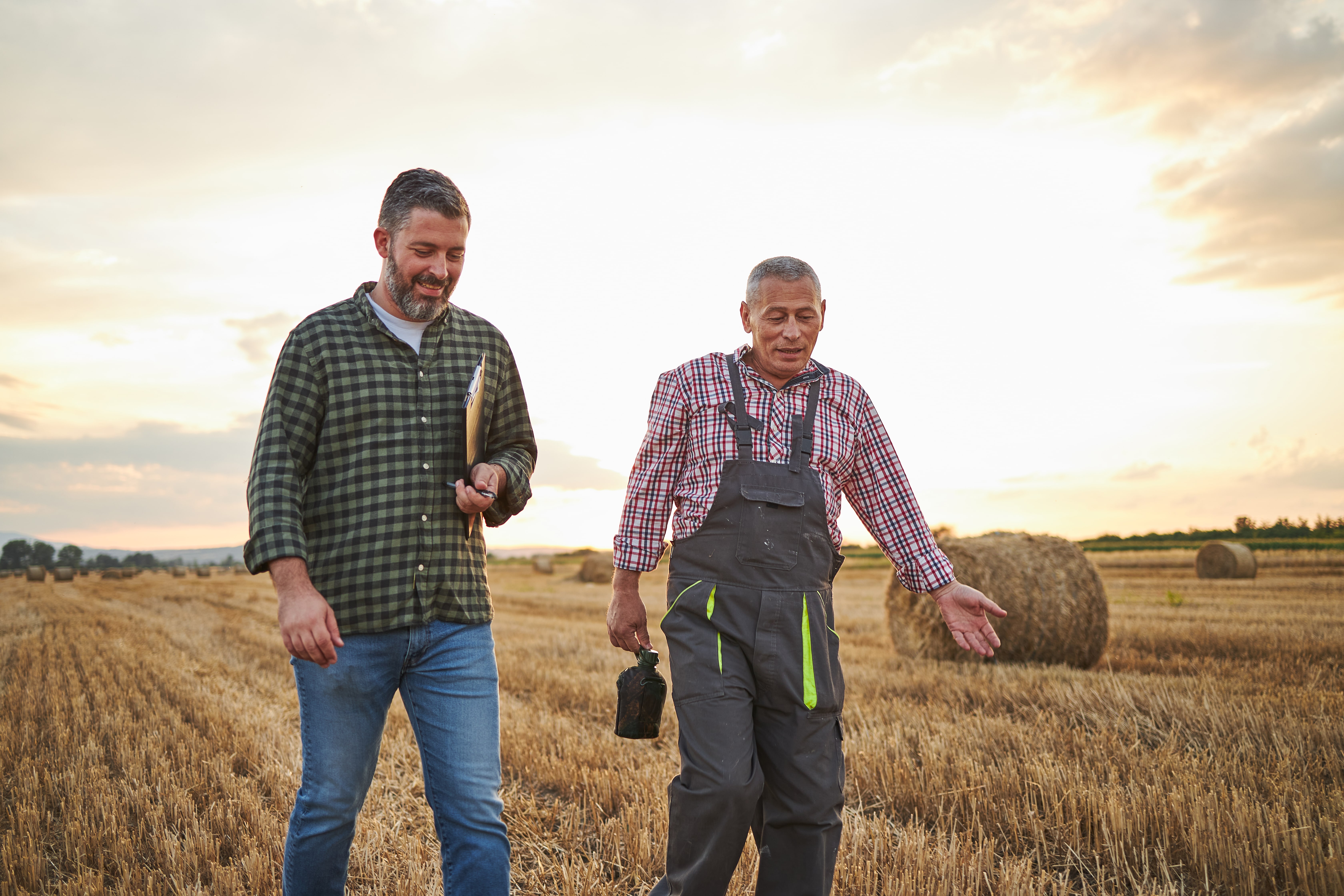 Two person walking a talking in a field